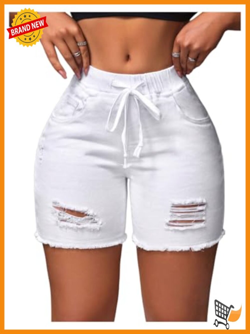 Skinny Drawstring Waist Distressed Denim Shorts - Picture 1 of 4